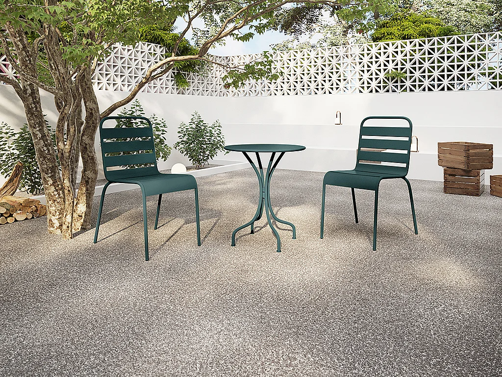 Salle à manger de jardin en métal - une table D.60cm et 2 chaises empilables - Vert sapin - MIRMANDE de MYLIA