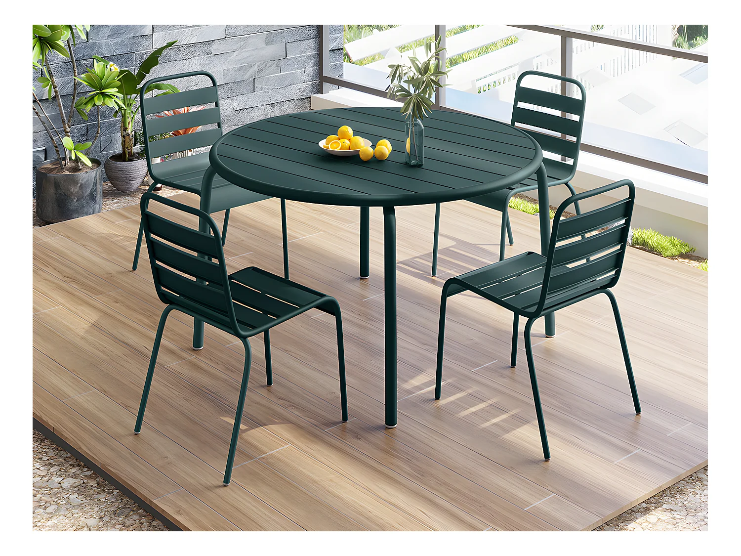 Conjunto de jantar de jardim metal, uma mesa D110 cm e 4 cadeiras empilháveis verde pinho - MIRMANDE de MYLIA