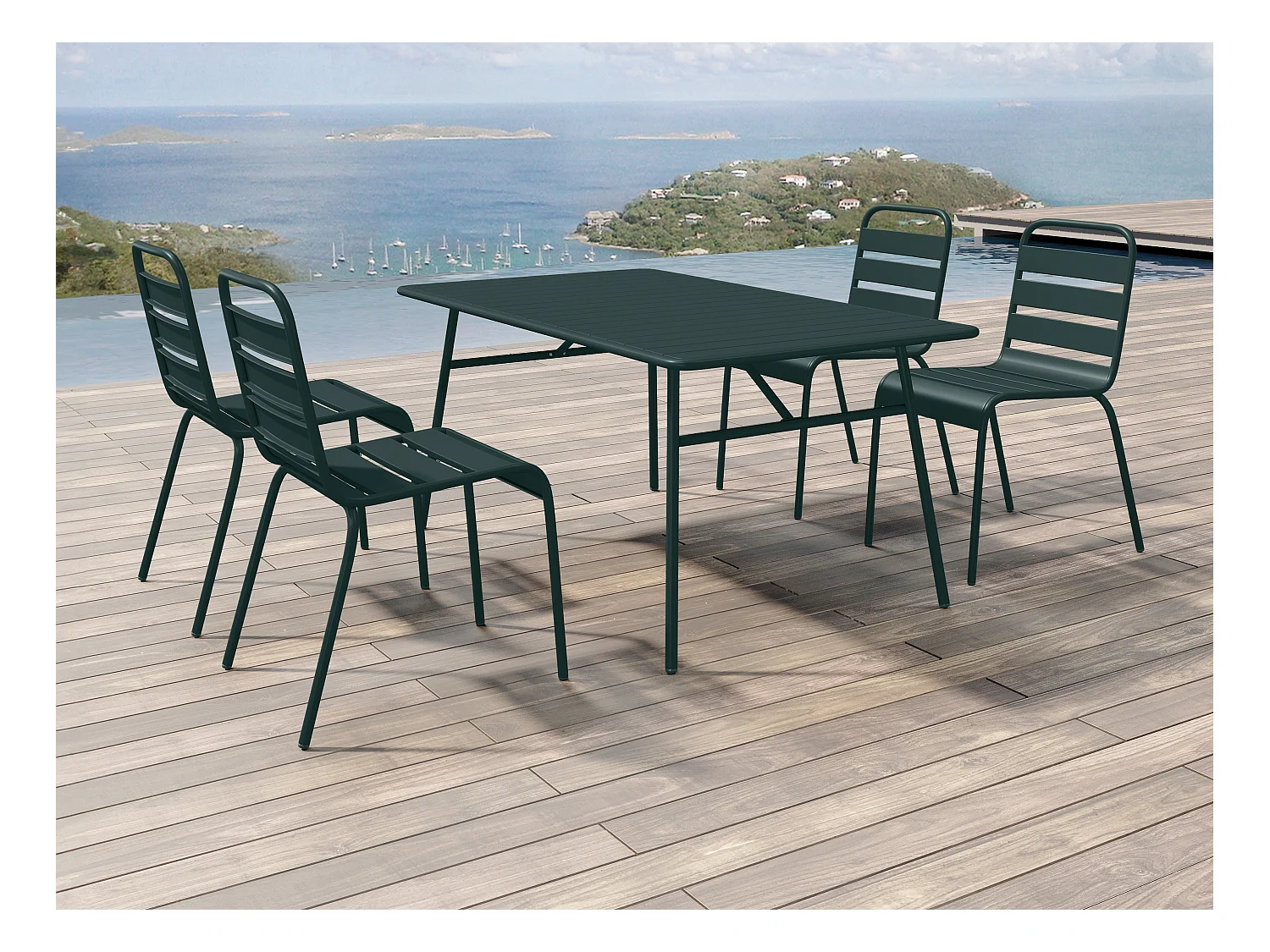 Conjunto de jantar de jardim metal, uma mesa C160 cm e 4 cadeiras empilháveis verde pinho - MIRMANDE de MYLIA