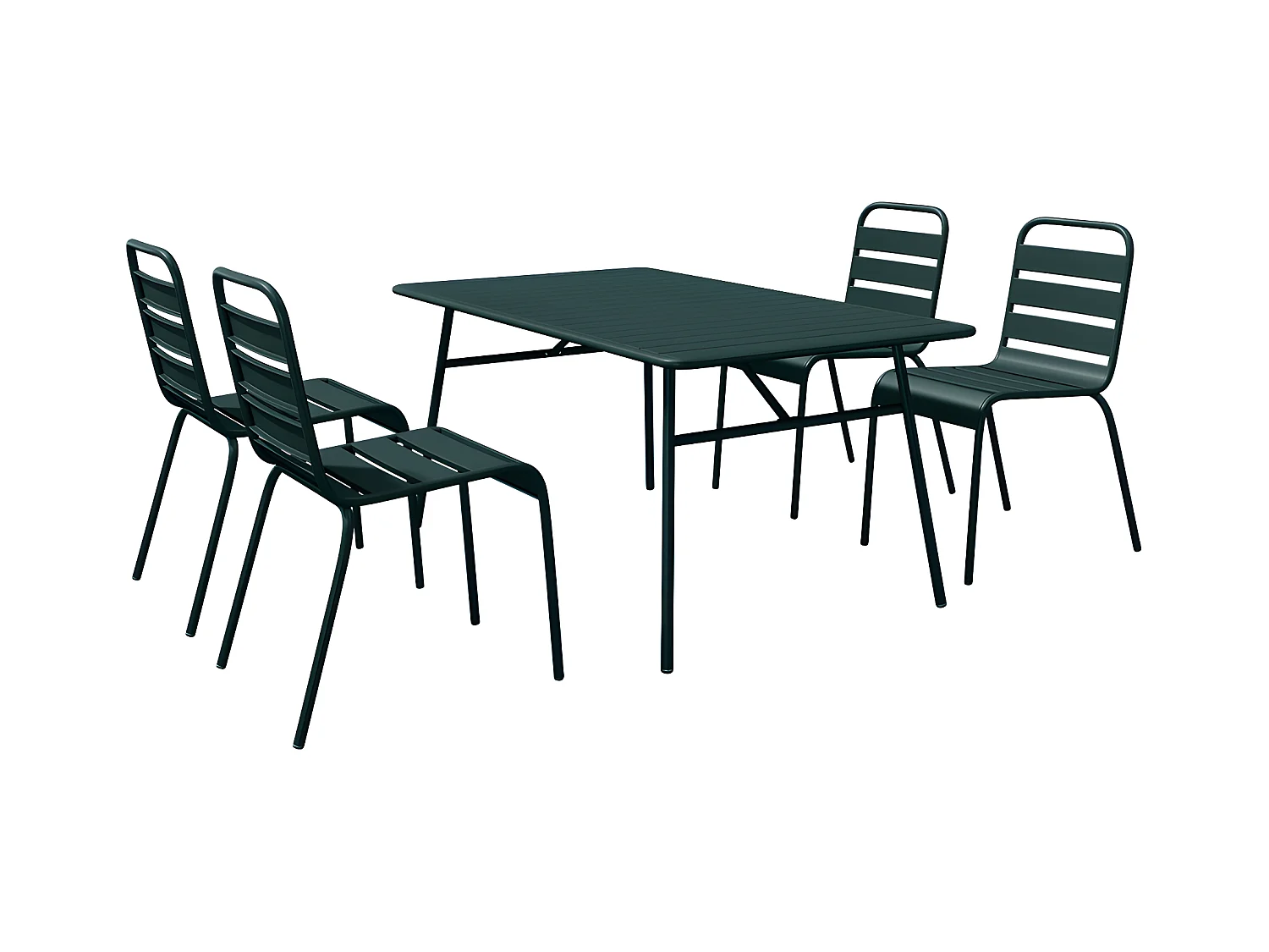 Garten-Essgruppe: Tisch L. 160 cm + 4 stapelbare Stühle - Metall - Tannengrün - MIRMANDE von MYLIA