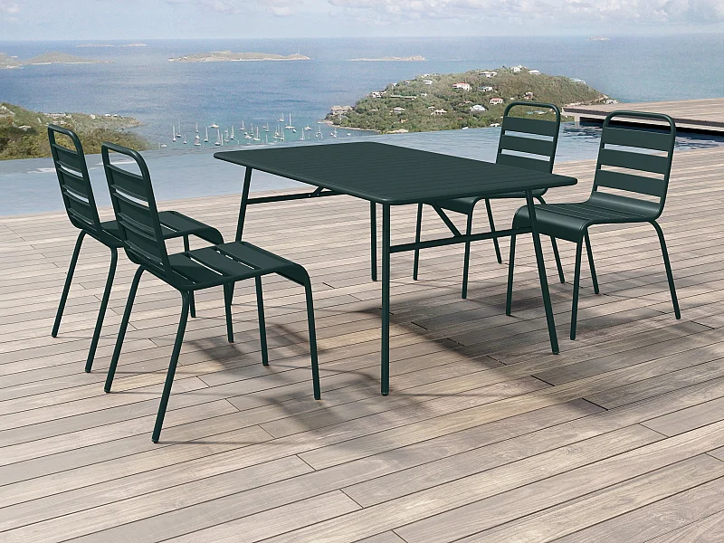 Garten-Essgruppe: Tisch L. 160 cm + 4 stapelbare Stühle - Metall - Tannengrün - MIRMANDE von MYLIA