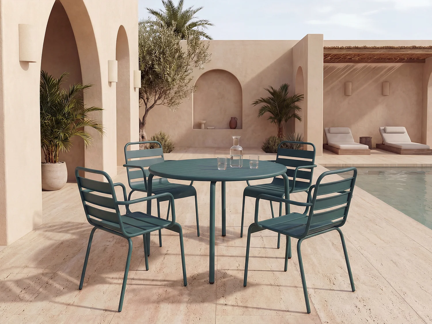 Garten-Essgruppe: Tisch D. 110 cm + 4 stapelbare Sessel - Metall - Tannengrün - MIRMANDE von MYLIA