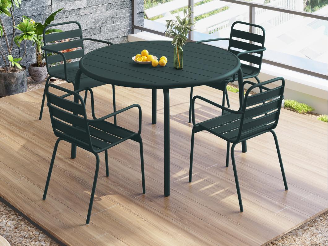 Garten-Essgruppe: Tisch D. 110 cm + 4 stapelbare Sessel - Metall - Tannengrün - MIRMANDE von MYLIA