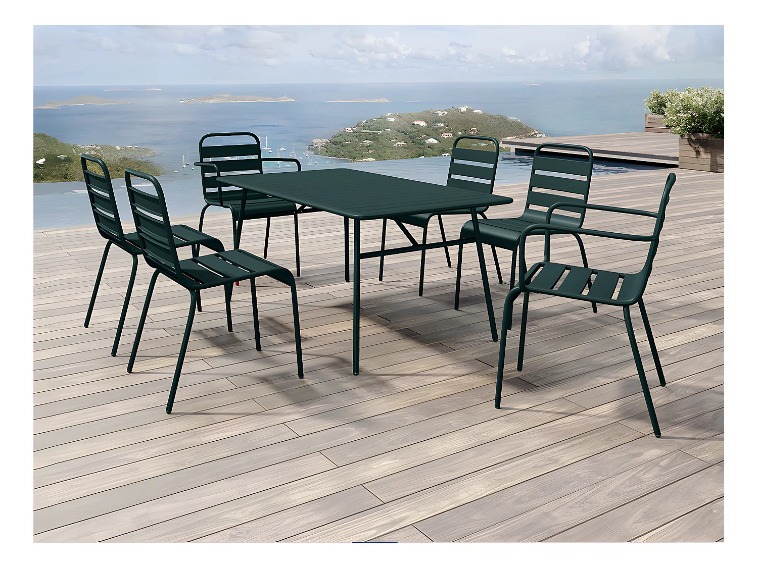 Salle à manger de jardin en métal - une table L.160 cm avec 2 fauteuils empilables et 4 chaises empilables - Vert sapin - MIRMANDE de MYLIA
