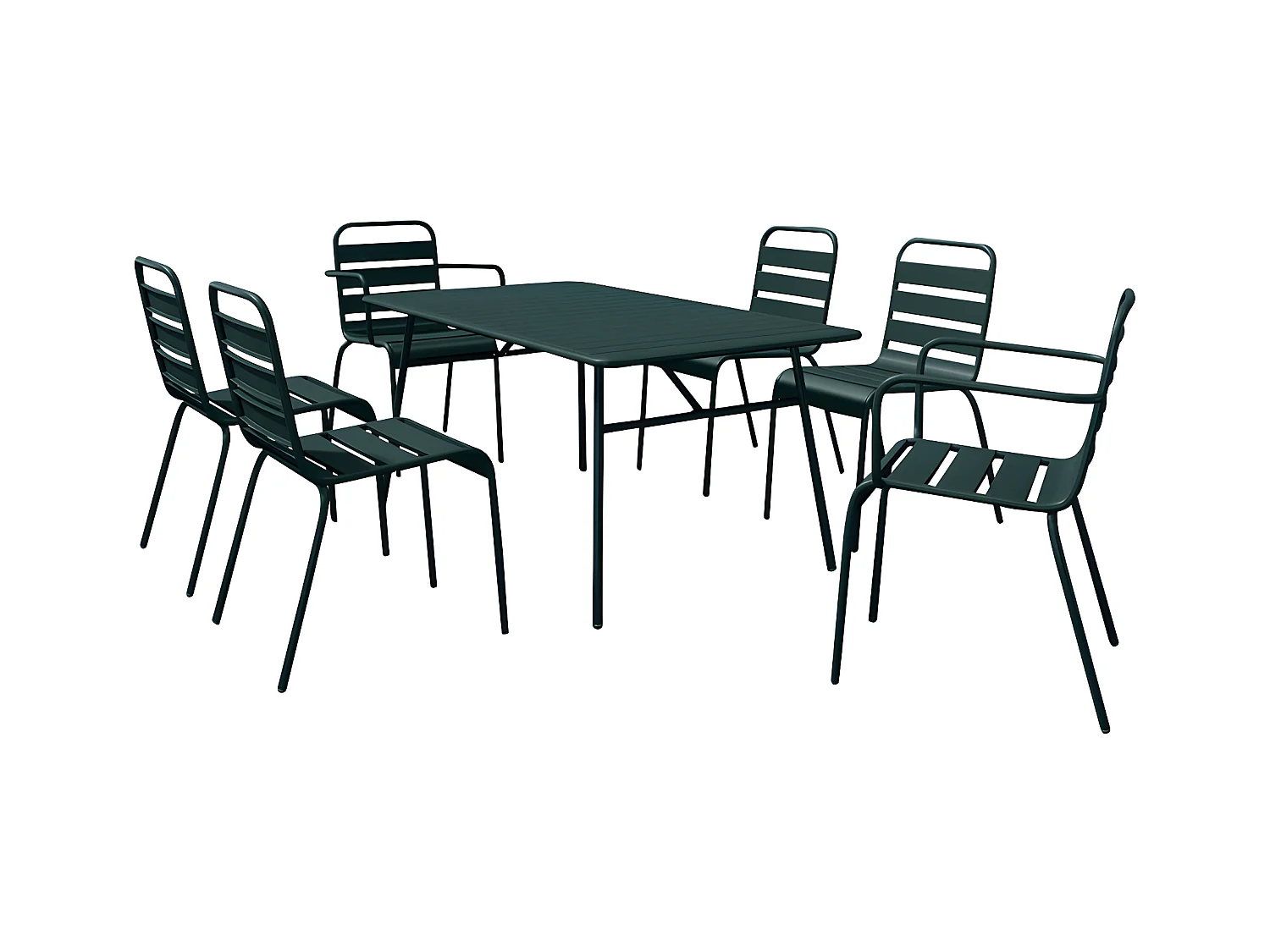 Salle à manger de jardin en métal - une table L.160 cm avec 2 fauteuils empilables et 4 chaises empilables - Vert sapin - MIRMANDE de MYLIA