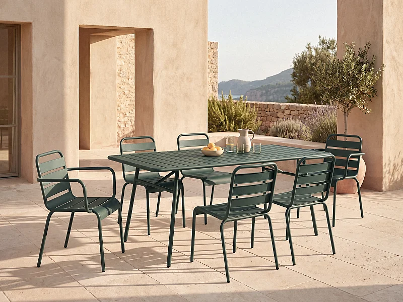 Salle à manger de jardin en métal - une table L.160 cm avec 2 fauteuils empilables et 4 chaises empilables - Vert sapin - MIRMANDE de MYLIA
