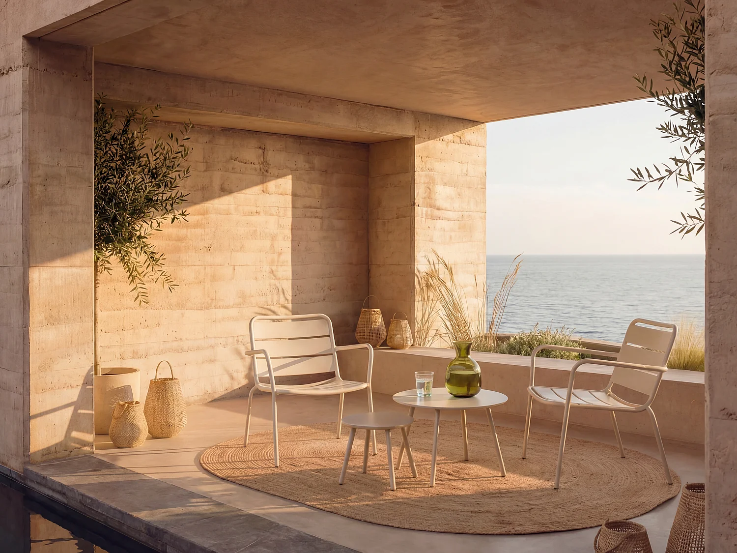 Metal garden furniture - 2 low stacking garden armchairs and nesting tables - Beige - MIRMANDE by MYLIA