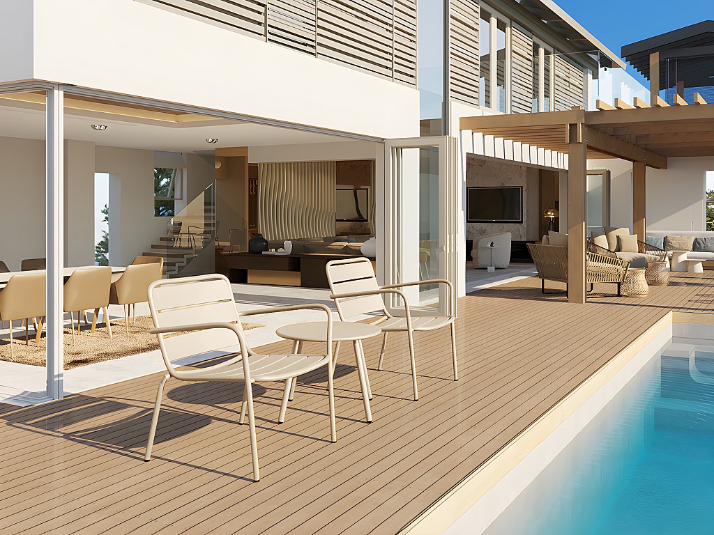 Garten-Sitzgruppe: 2 niedrige, stapelbare Sessel + Beistelltisch - Metall - Beige - MIRMANDE von MYLIA