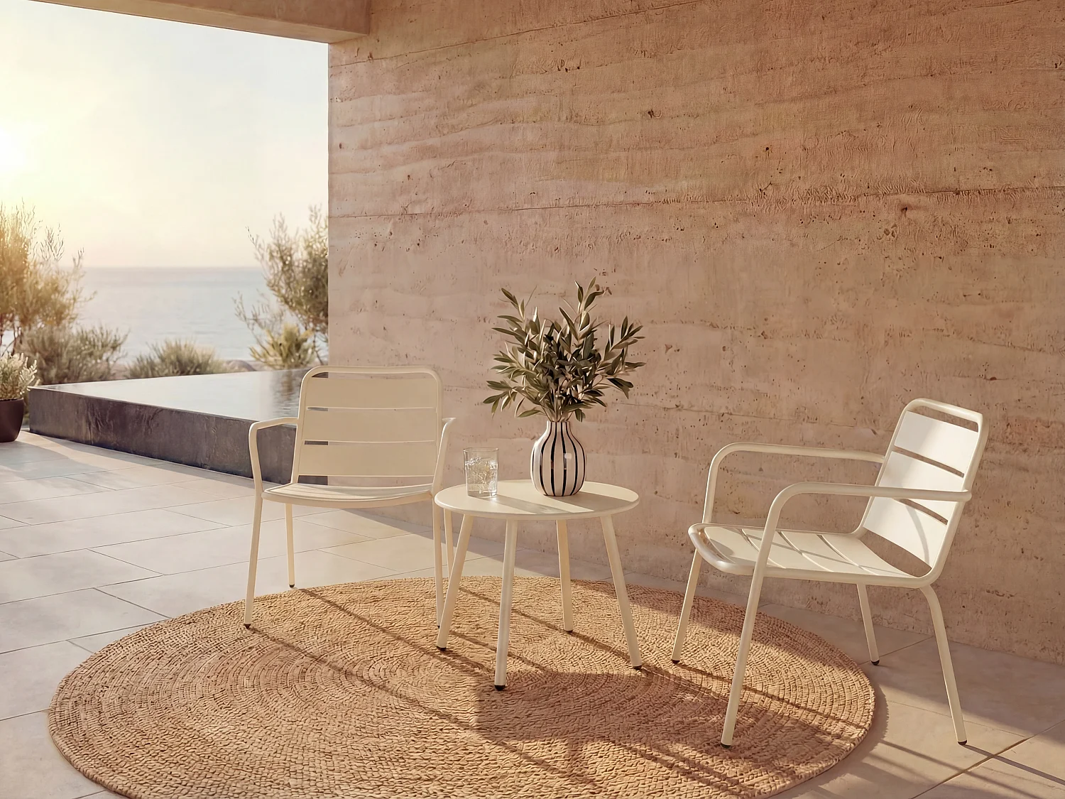 Salon de jardin en métal - 2 fauteuils bas empilables et une table d'appoint ronde - Beige - MIRMANDE de MYLIA