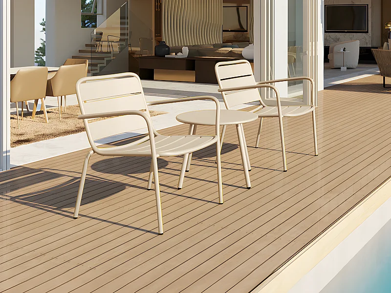 Tuinzithoek van metaal - 2 lage opstapelbare fauteuils en een uitschuiftafel - Beige - MIRMANDE van MYLIA