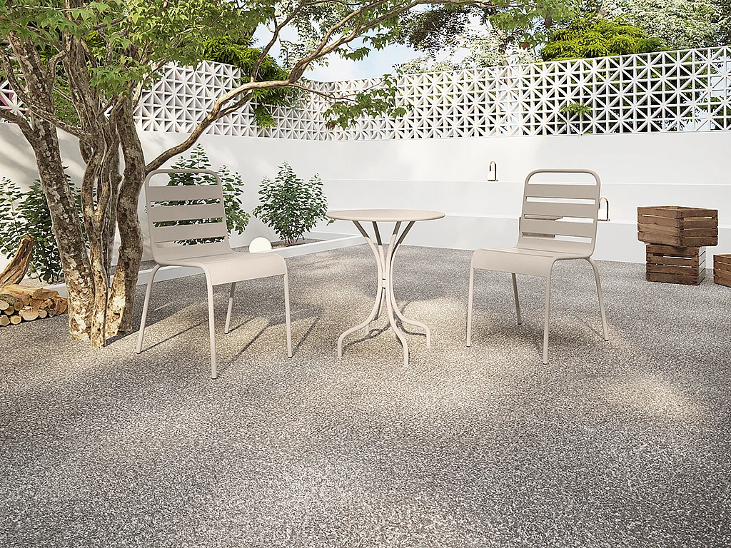 Conjunto de jantar de jardim metal, uma mesa D60 cm e 2 cadeiras empilháveis bege - MIRMANDE de MYLIA