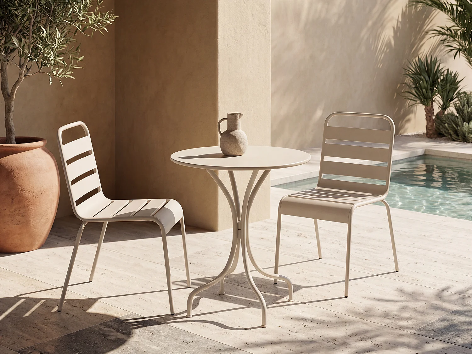 Tuineethoek van metaal - Een tafel D60 cm en 2 opstapelbare stoelen - Beige - MIRMANDE van MYLIA