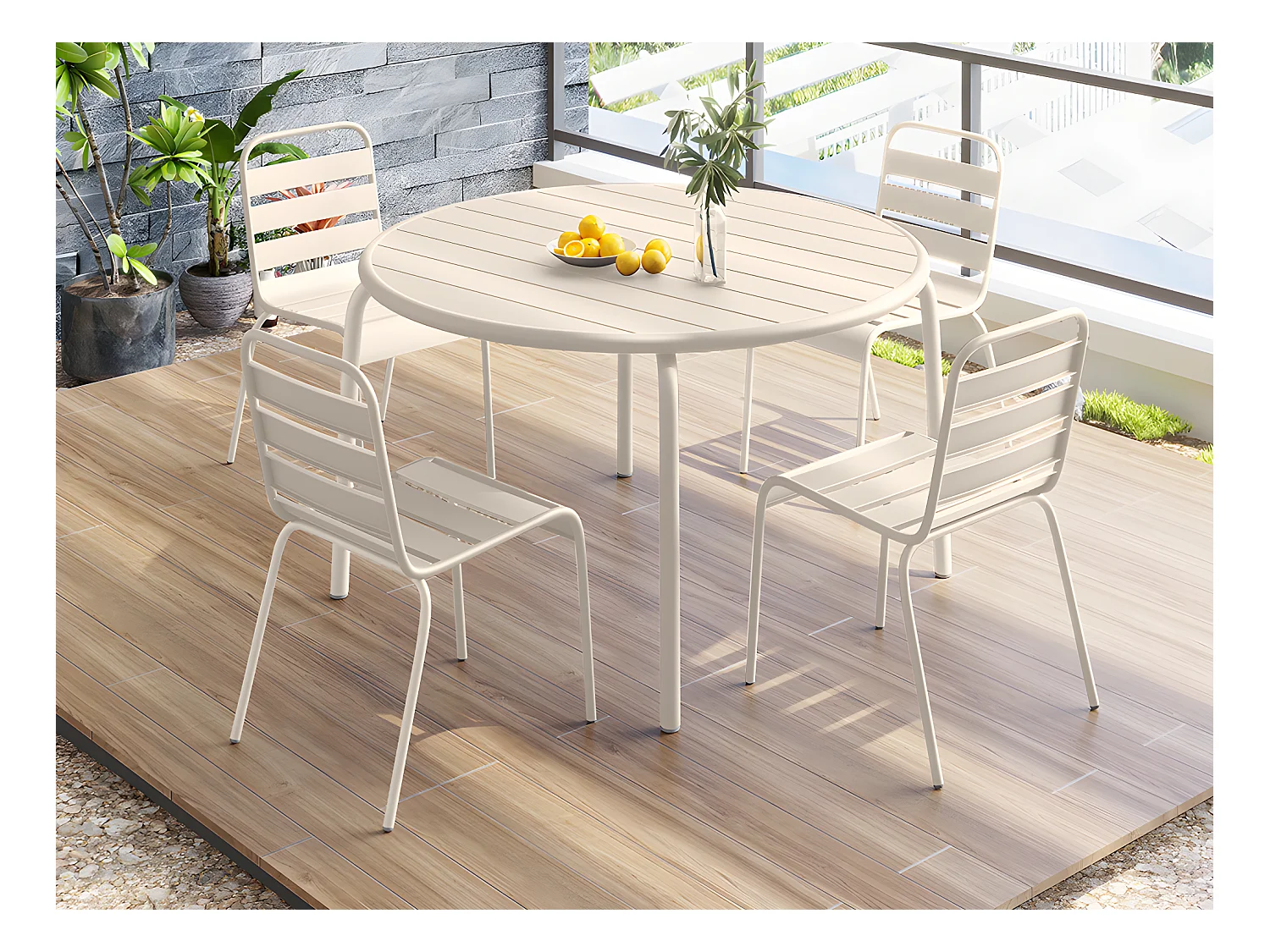 Tuineethoek van metaal - Een tafel D110 cm en 4 opstapelbare stoelen - Beige - MIRMANDE van MYLIA