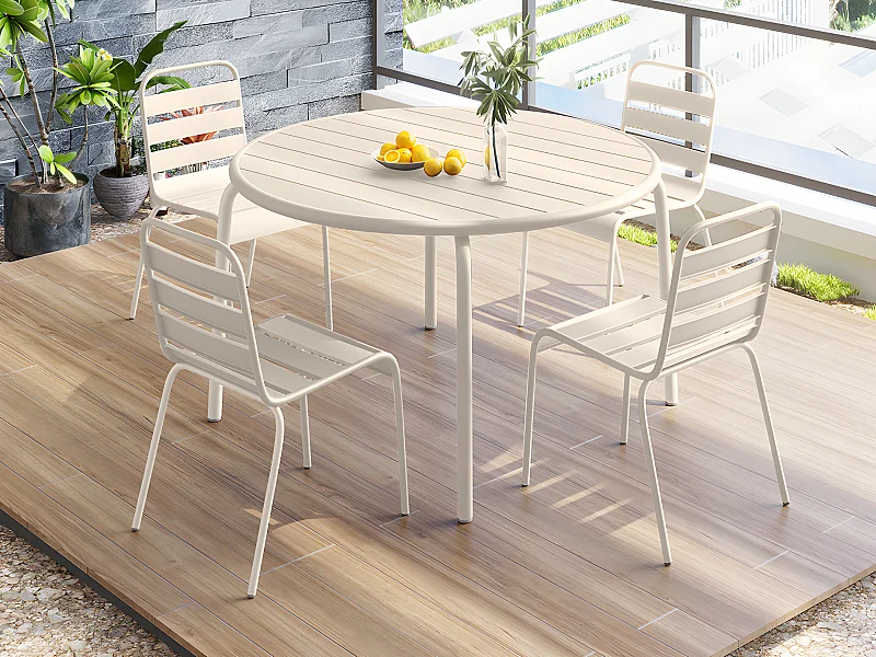Comedor de jardin de metal - una mesa de D.110cm y 4 sillas apilables - Beige - MIRMANDE de MYLIA