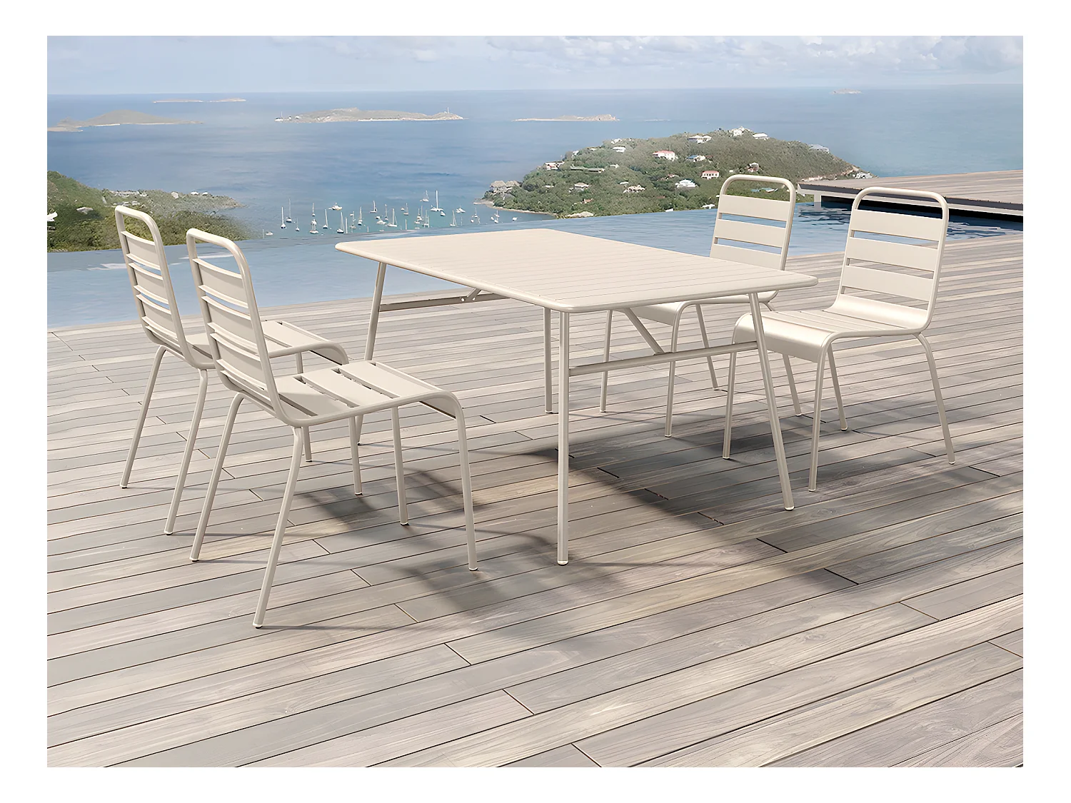 Salle à manger de jardin en métal - une table L.160 cm et 4 chaises empilables - Beige - MIRMANDE de MYLIA