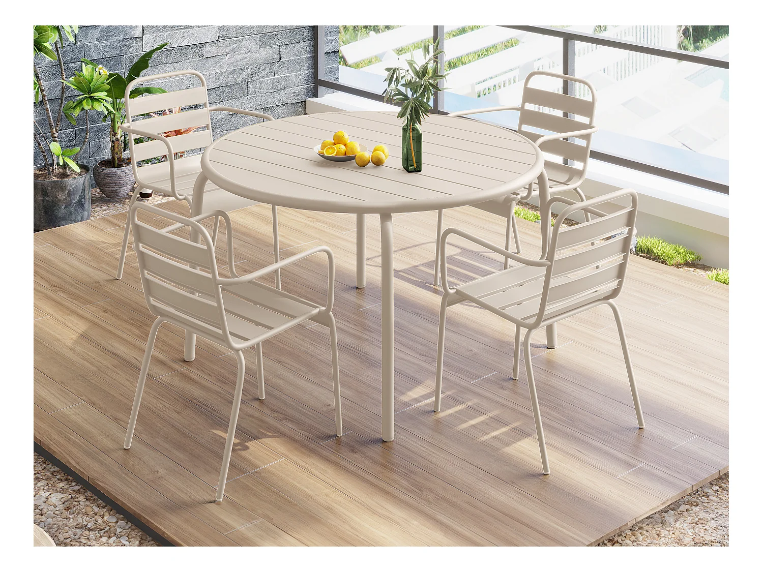 Conjunto de jantar de jardim metal, uma mesa D110 cm e 4 cadeirões empilháveis bege - MIRMANDE de MYLIA