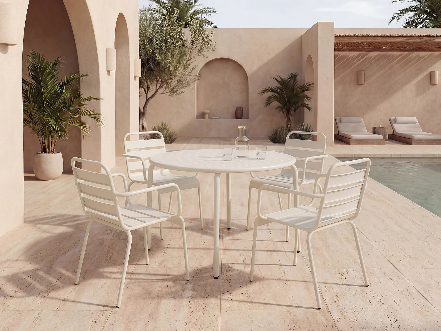 Salle à manger de jardin en métal - une table D.110 cm et 4 fauteuils empilables - Beige - MIRMANDE de MYLIA