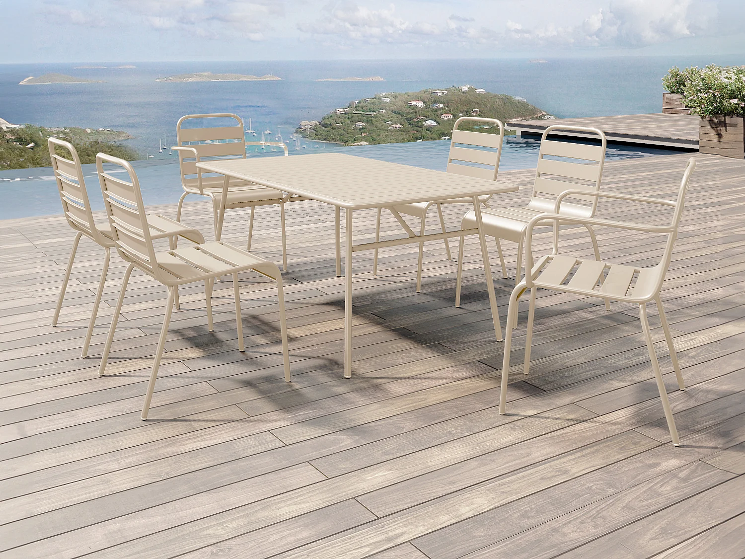 Garten-Essgruppe: Tisch L. 160 cm + 2 stapelbare Sessel + 4 stapelbare Stühle - Metall - Beige - MIRMANDE von MYLIA