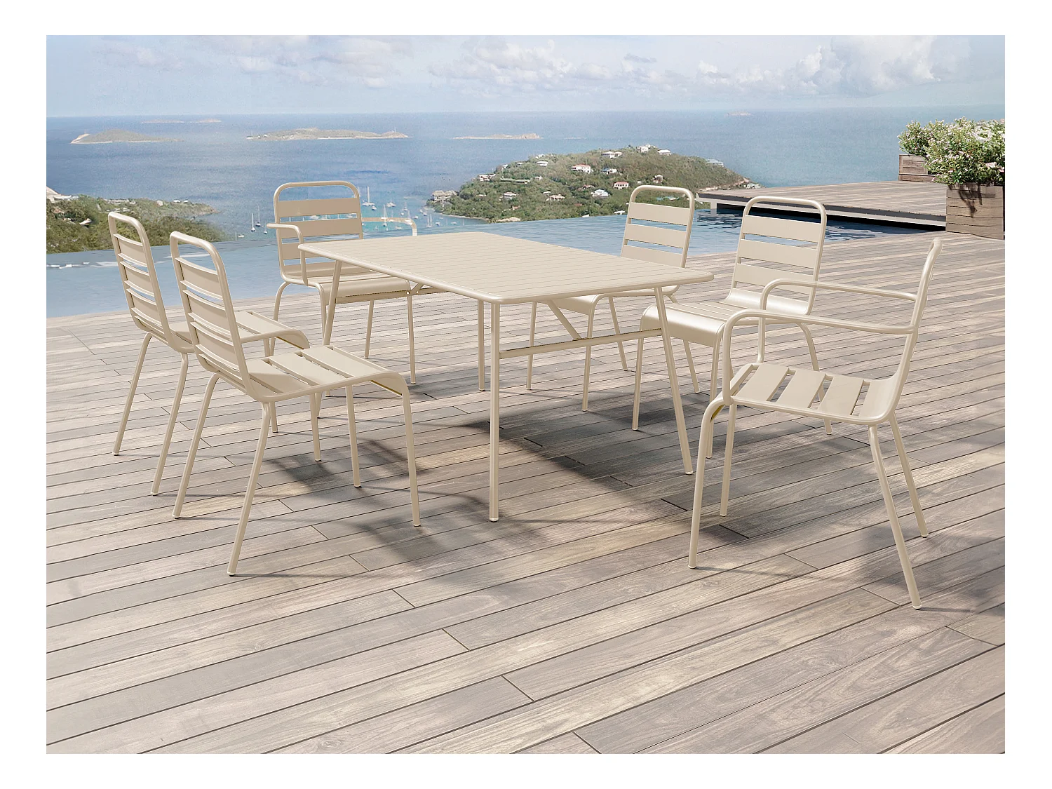 Conjunto de jantar de jardim metal, uma mesa C160 cm com 2 cadeirões empilháveis e 4 cadeiras empilháveis bege - MIRMANDE de MYLIA