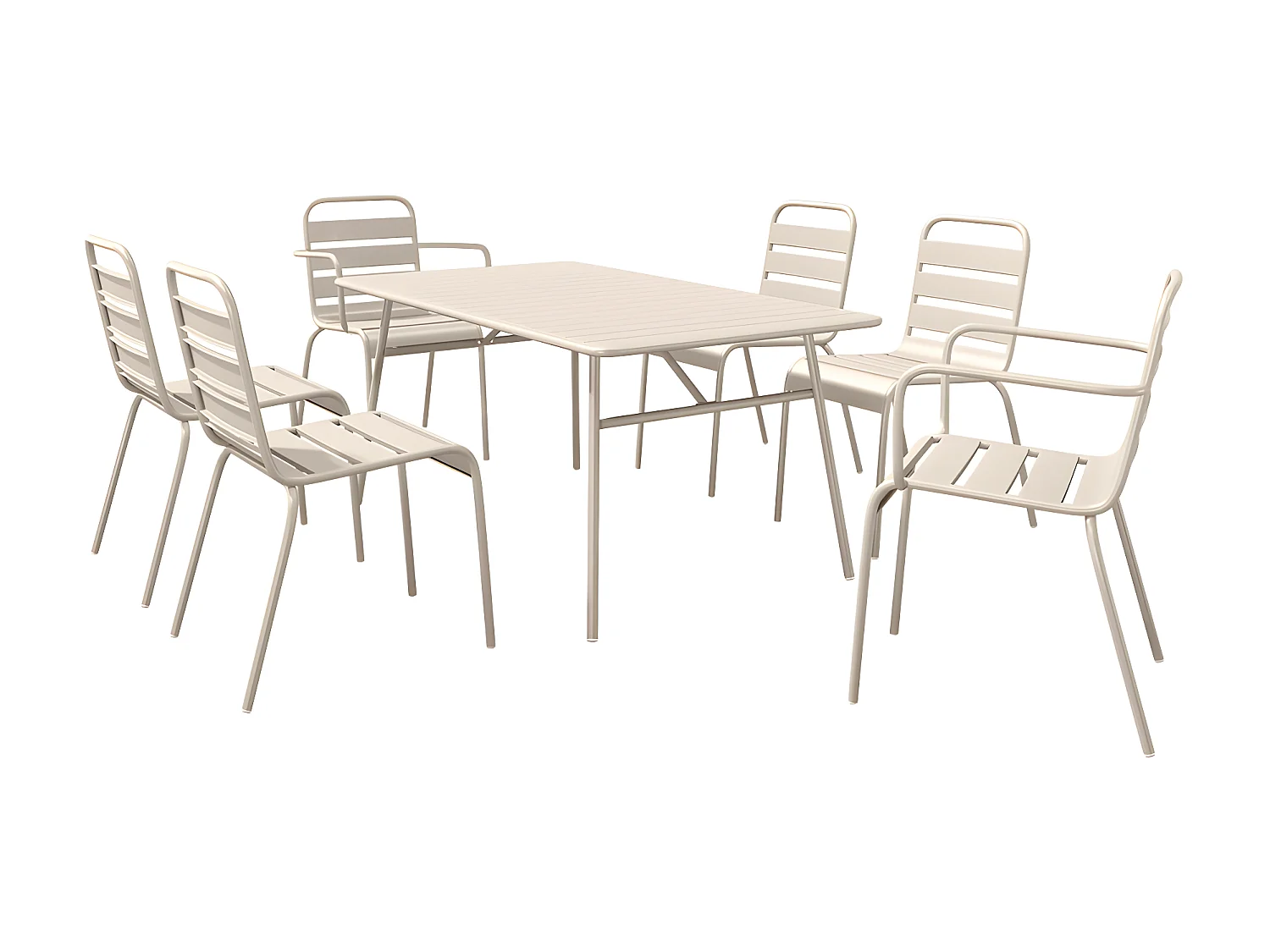 Garten-Essgruppe: Tisch L. 160 cm + 2 stapelbare Sessel + 4 stapelbare Stühle - Metall - Beige - MIRMANDE von MYLIA