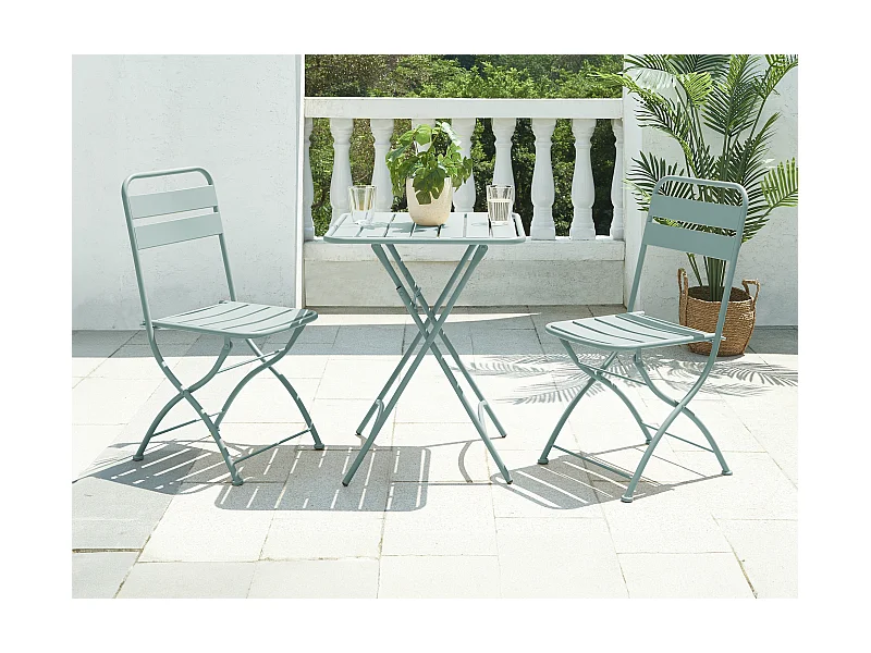 Garten-Essgruppe klappbar: Tisch L. 60 cm + 2 klappbare Stühle - Metall - Mandelgrün - MIRMANDE von MYLIA