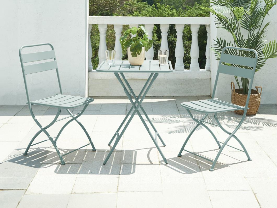 Salle à manger de jardin pliante en métal - une table L.60 cm et 2 chaises pliantes - Vert amande - MIRMANDE de MYLIA