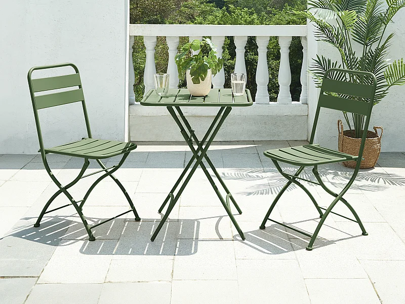 Conjunto de jantar de jardim dobrável metal, uma mesa C.60 cm e 2 cadeiras dobráveis caqui - MIRMANDE de MYLIA