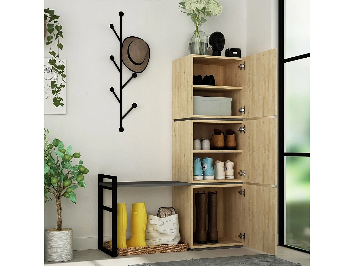 Meuble rangement chaussures 3 portes avec banc et porte manteaux H149 cm - Mello