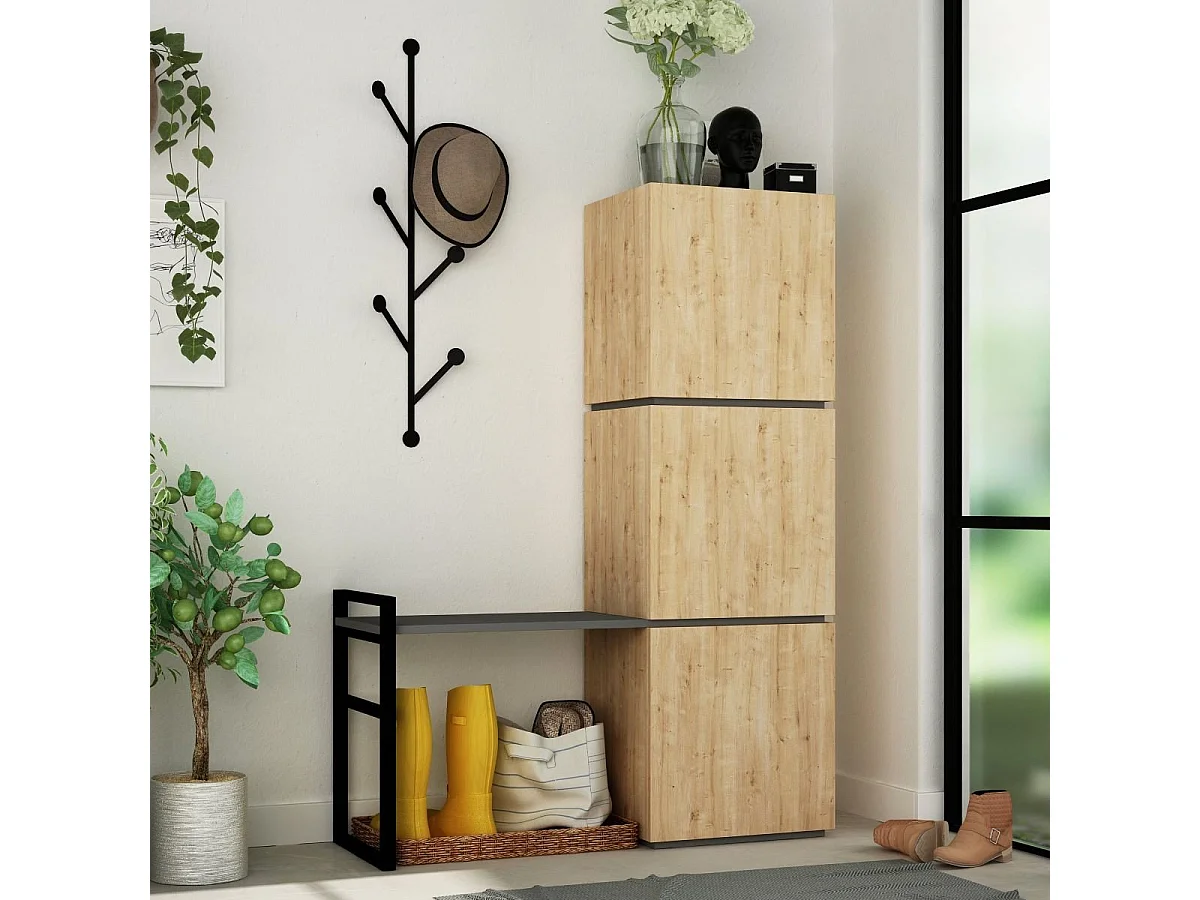 Schuhaufbewahrungsmöbel mit 3 Türen, Bank und Kleiderhaken, H149 cm - Mello