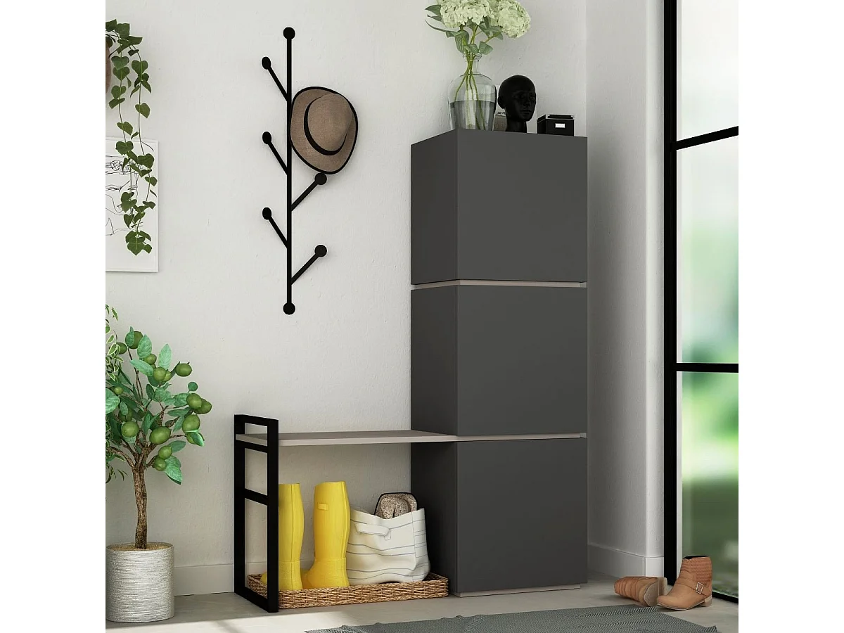 Schuhaufbewahrungsmöbel mit 3 Türen, Bank und Kleiderhaken, H149 cm - Mello
