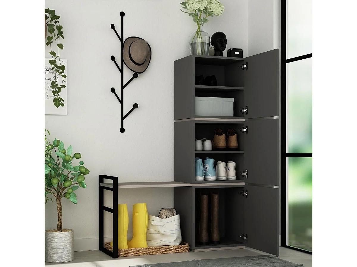 Schuhaufbewahrungsmöbel mit 3 Türen, Bank und Kleiderhaken, H149 cm - Mello