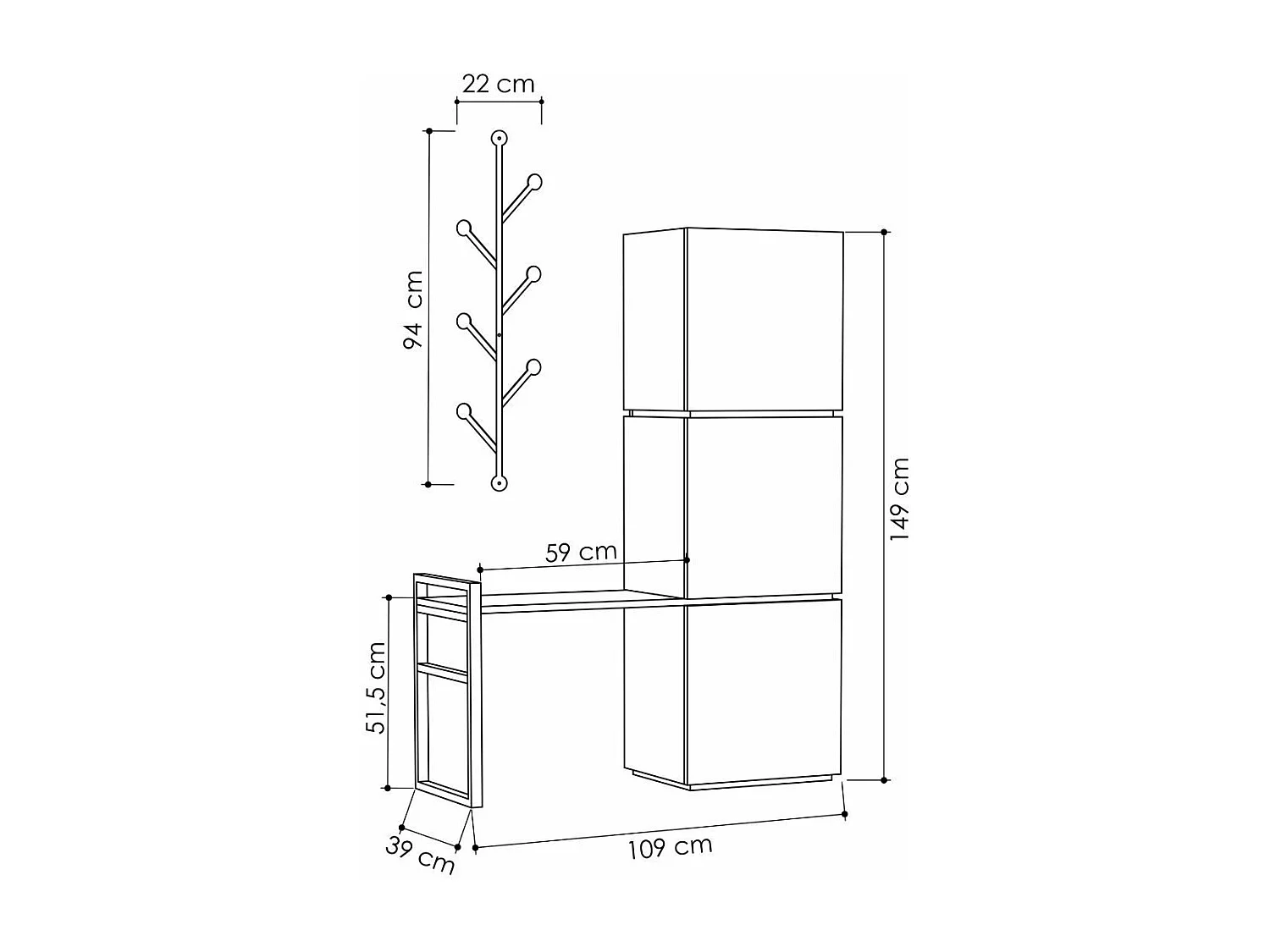 Schuhaufbewahrungsmöbel mit 3 Türen, Bank und Kleiderhaken, H149 cm - Mello