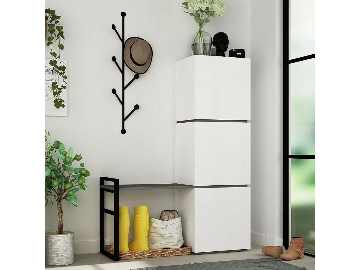 Schuhaufbewahrungsmöbel mit 3 Türen, Bank und Kleiderhaken, H149 cm - Mello