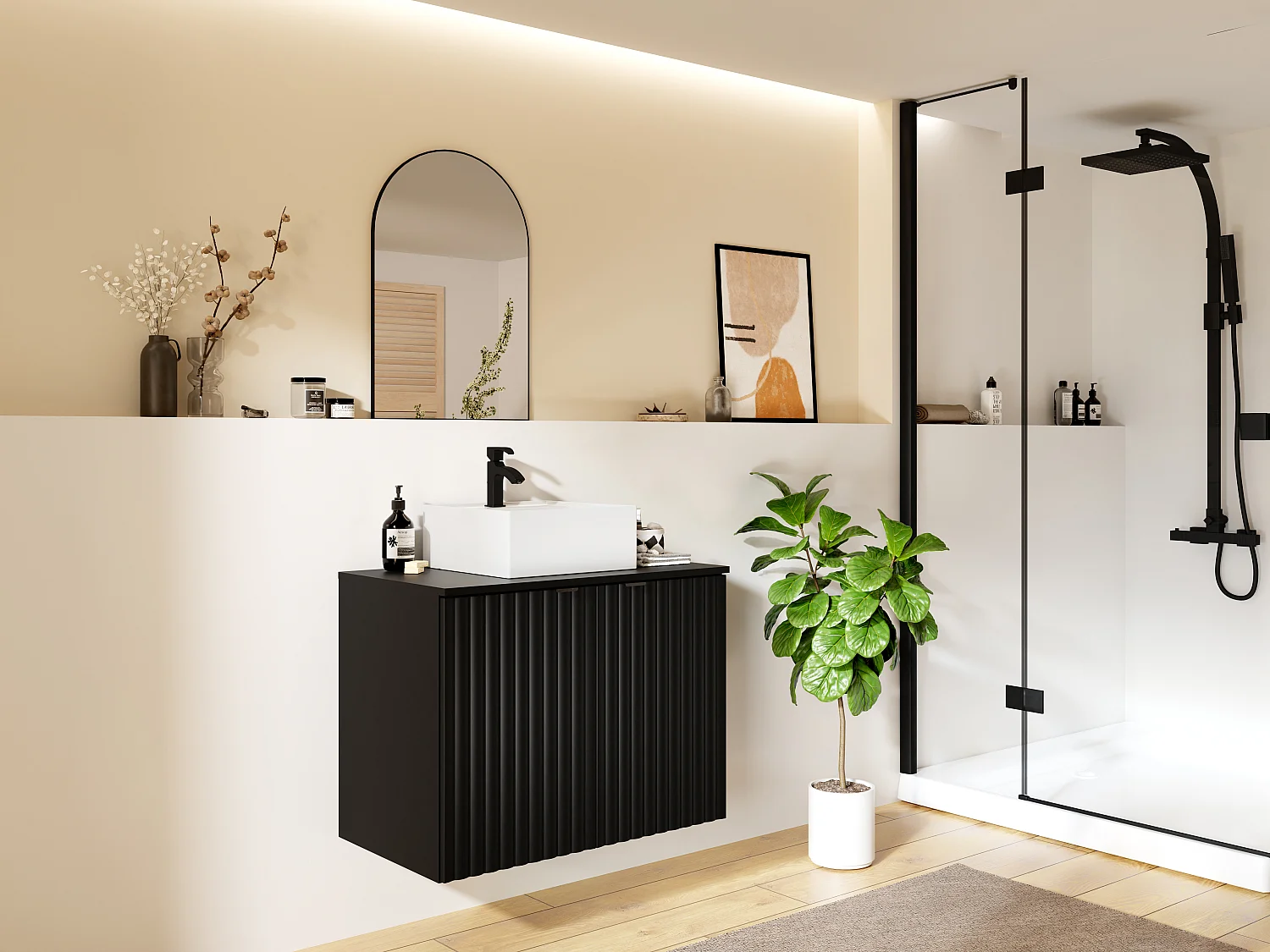 Mueble flotante con lavabo rayado y tablero - Negro - Ancho 80 cm - ZILGA