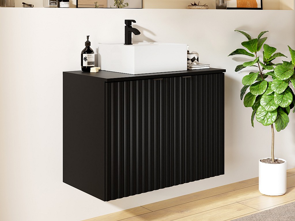 Waschbeckenunterschrank hängend mit Aufsatzwaschbecken - Streifenoptik - Schwarz - 80 cm - ZILGA