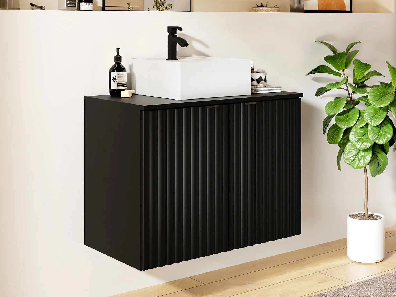 Mueble flotante de baño rayado con lavabo sobre encimera - Negro - Ancho 80 cm - ZILGA