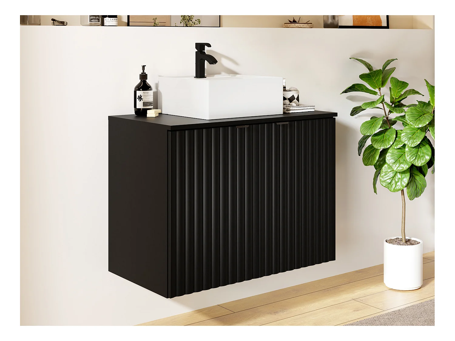 Meuble de salle de bain suspendu strié avec vasque à poser - Noir - L80 cm - ZILGA