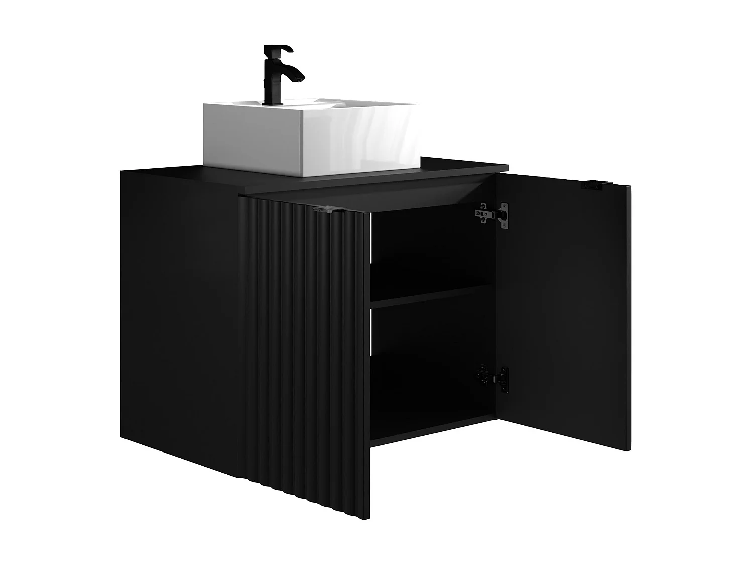 Meuble de salle de bain suspendu strié avec vasque à poser - Noir - L80 cm - ZILGA
