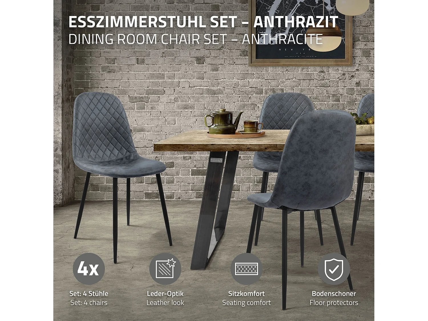 ML-Design Set di 4 sedie per sala da pranzo antracite con rivestimento in ecopelle poltroncine da cucina schienale seduta ergonomica sedia da salotto