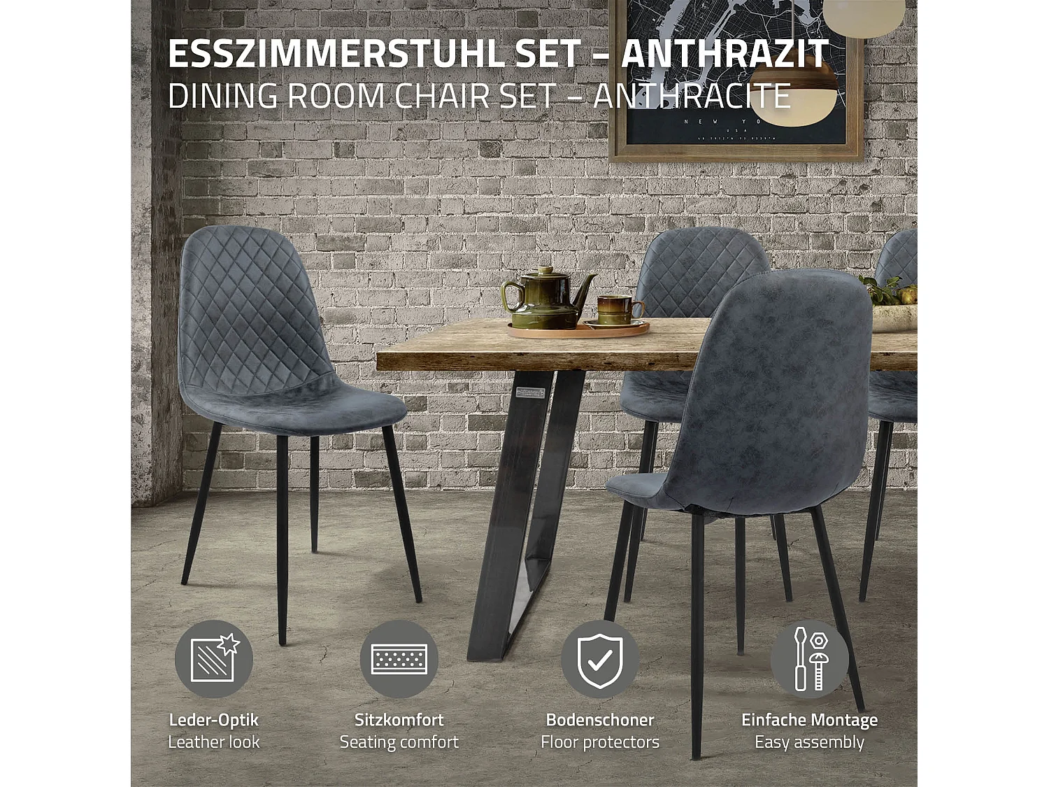 ML-Design Set di 4 sedie per sala da pranzo antracite con rivestimento in ecopelle poltroncine da cucina schienale seduta ergonomica sedia da salotto