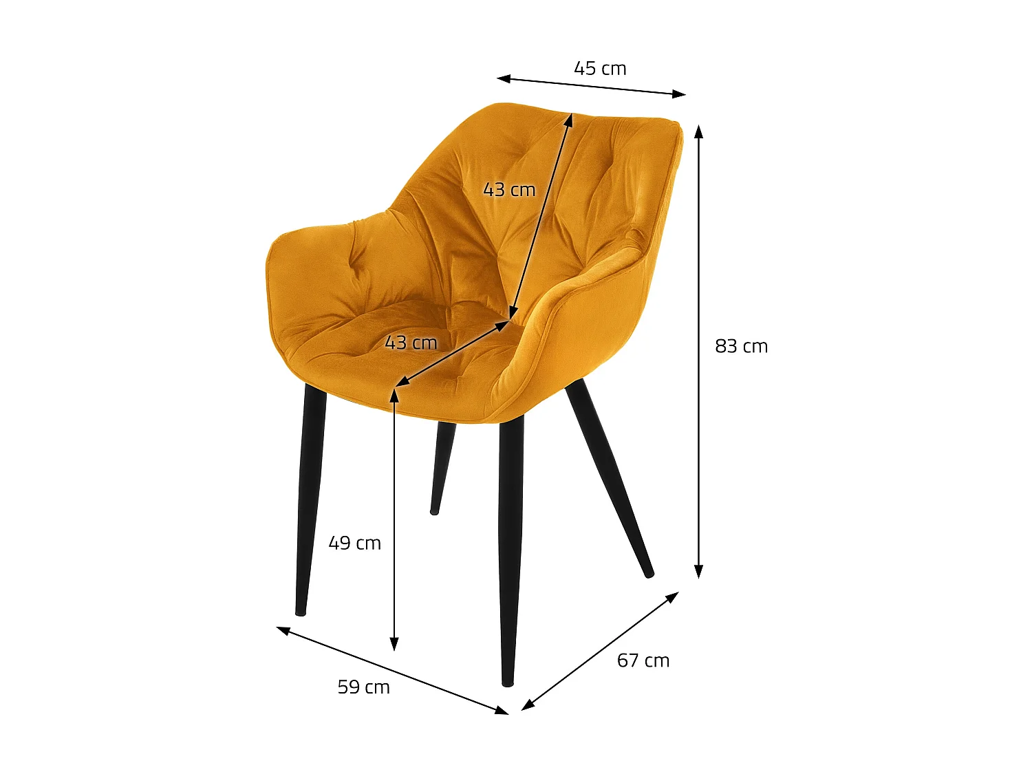 Lot de 4 chaise salle à manger assise jaune moutarde en velours pieds métal noir