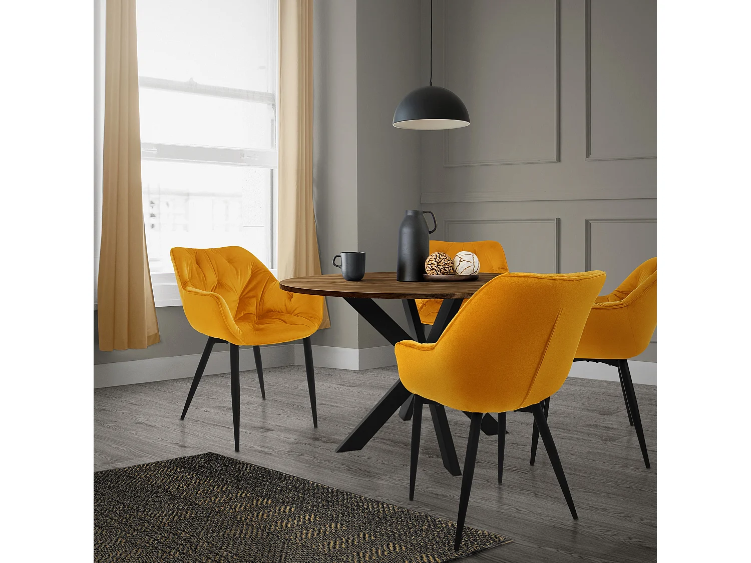 Lot de 4 chaise salle à manger assise jaune moutarde en velours pieds métal noir