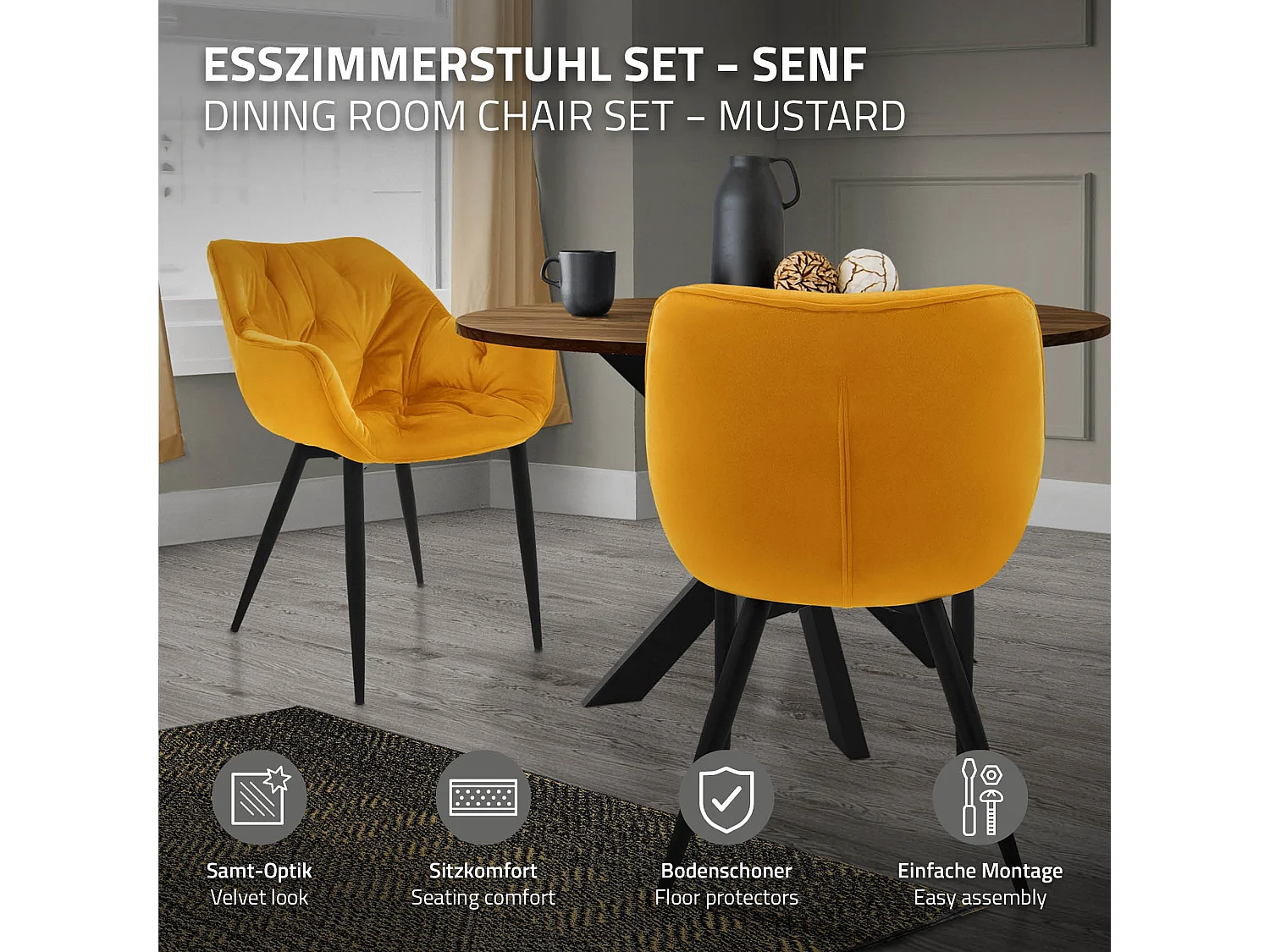 Lot de 4 chaise salle à manger assise jaune moutarde en velours pieds métal noir