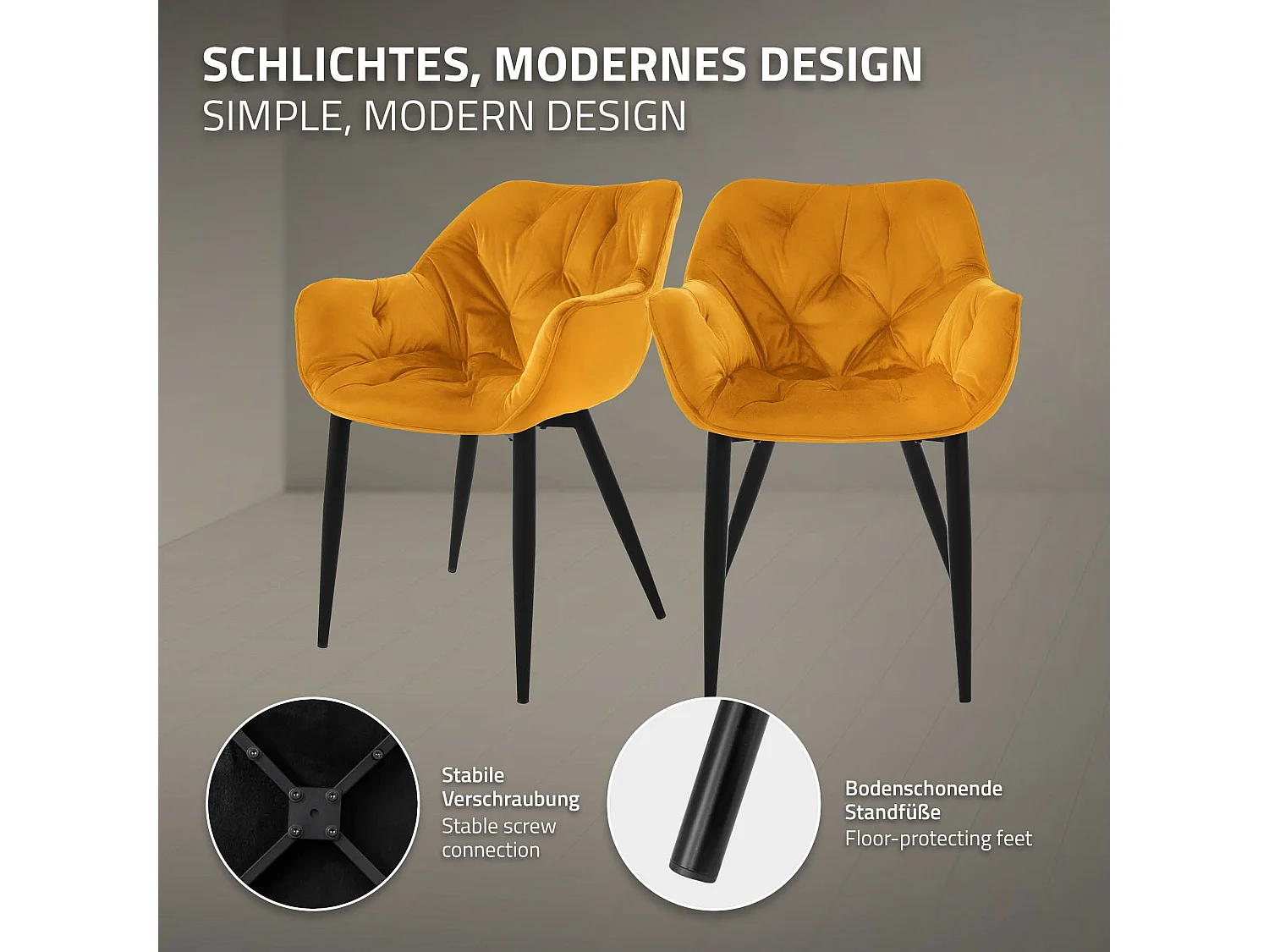 Lot de 4 chaise salle à manger assise jaune moutarde en velours pieds métal noir