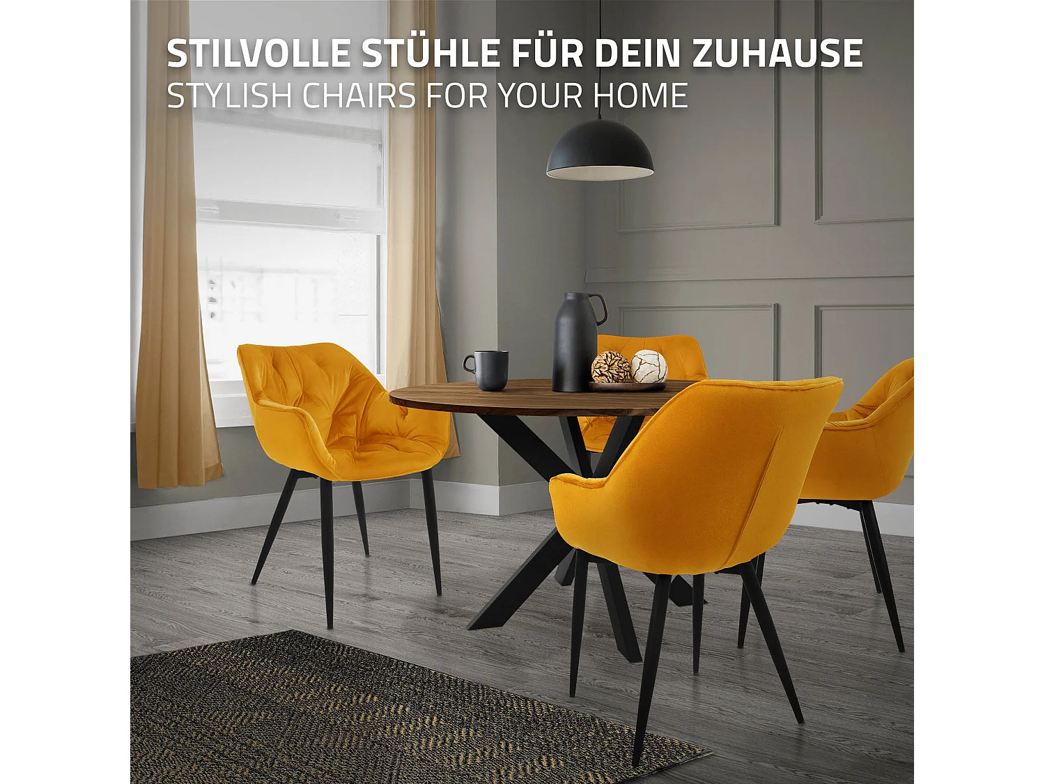 Lot de 4 chaise salle à manger assise jaune moutarde en velours pieds métal noir