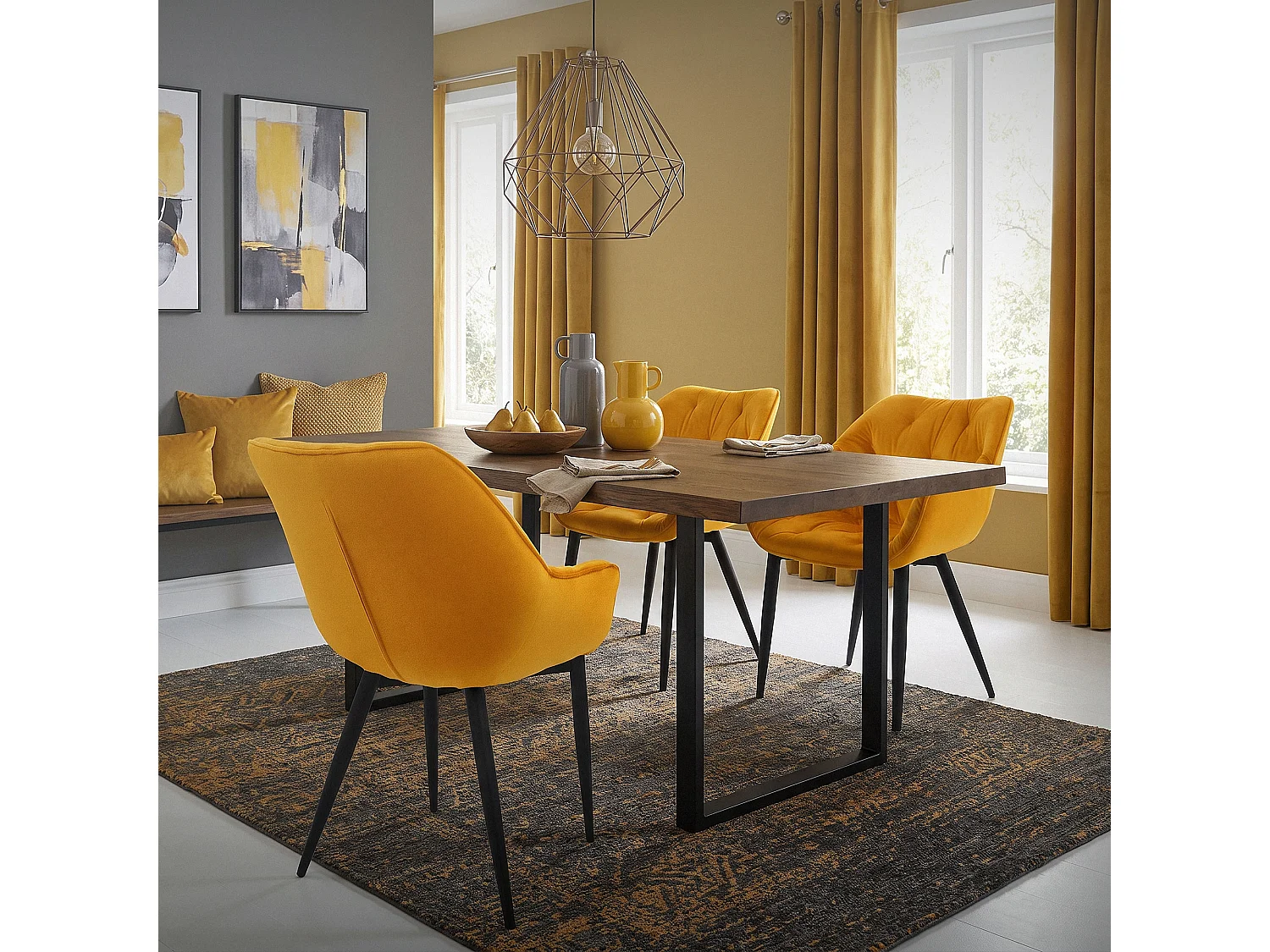 Lot de 4 chaise salle à manger assise jaune moutarde en velours pieds métal noir