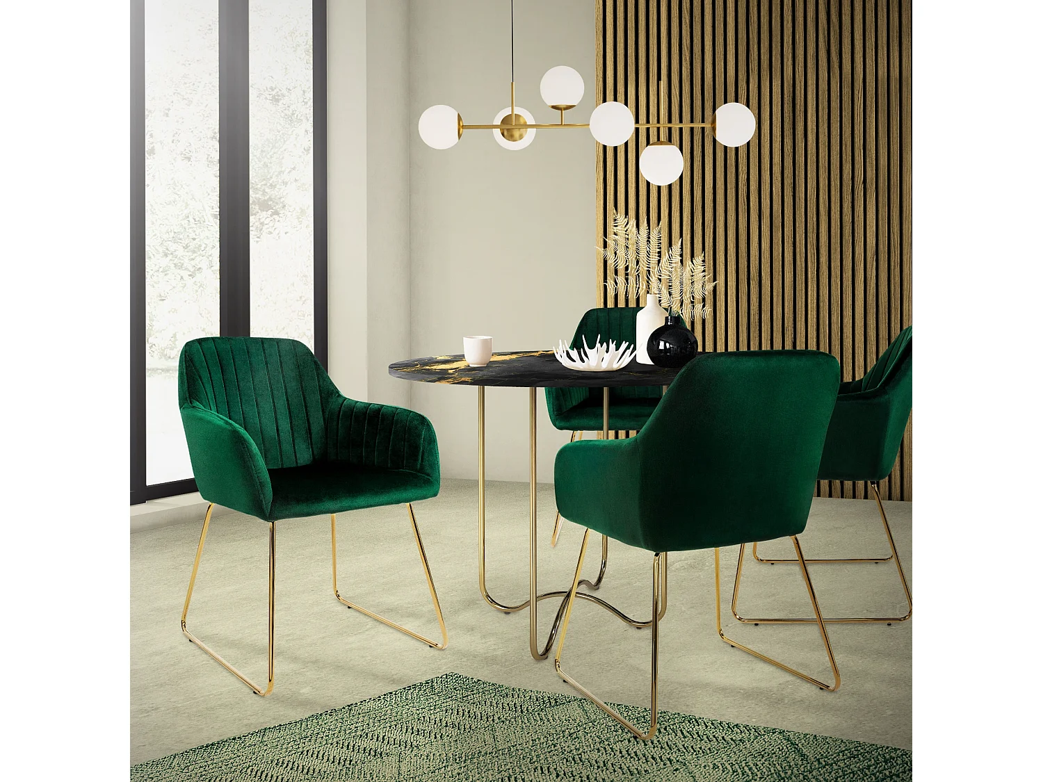 Lot de 4 chaises de salle à manger vert dossier et accoudoirs ergonomiques revêtement en velours respirant piètement doré en métal design élégant