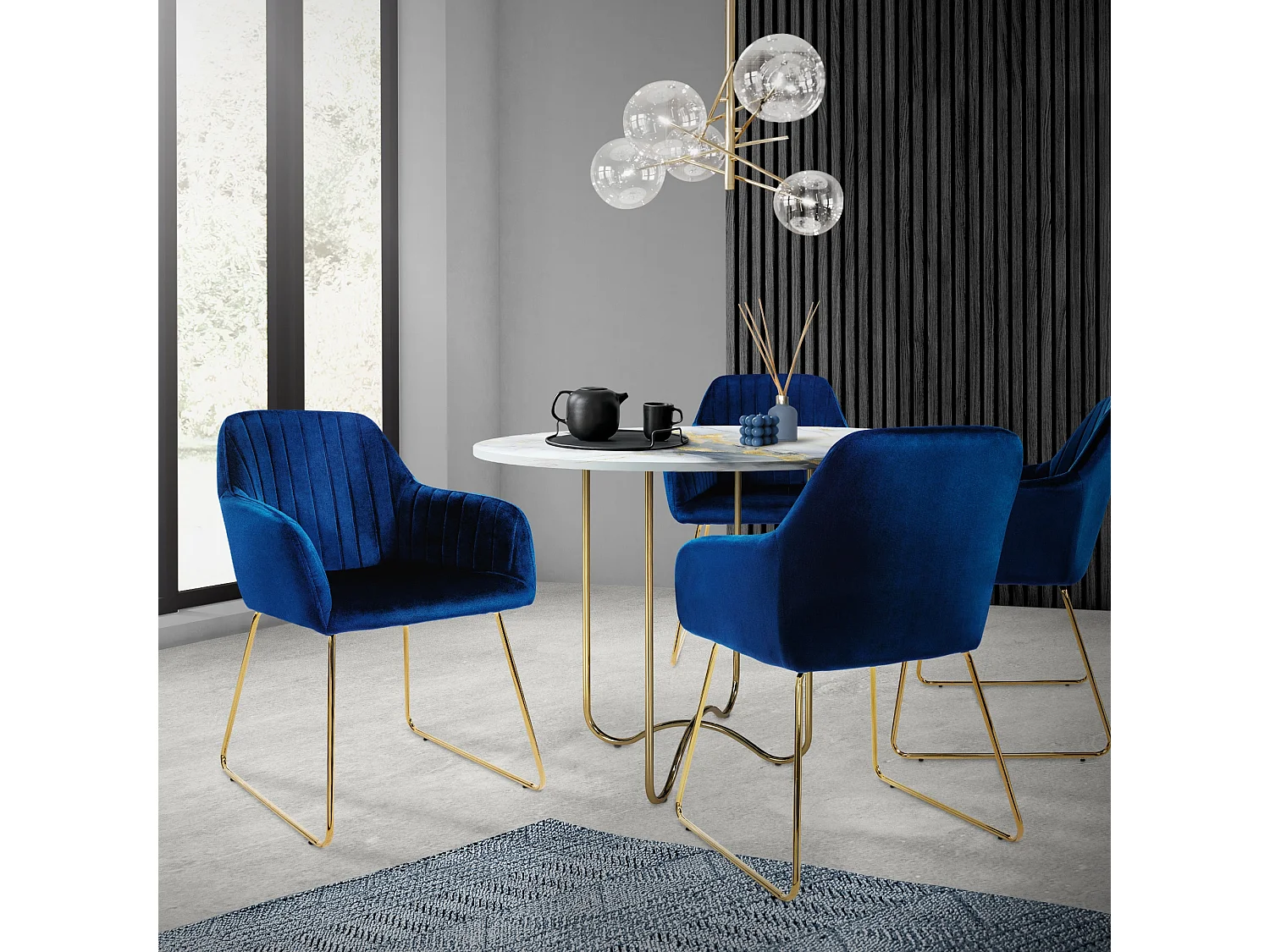 ML-Design 4x Sillas de comedor con tapizado azul sillones ergonomicos con respaldo y apoyabrazos asientos con patas de metal doradas