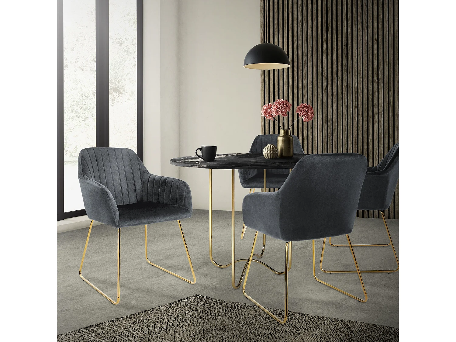 Lot de 4 chaises de salle à manger gris dossier et accoudoirs ergonomiques revêtement en velours respirant piètement doré en métal design élégant