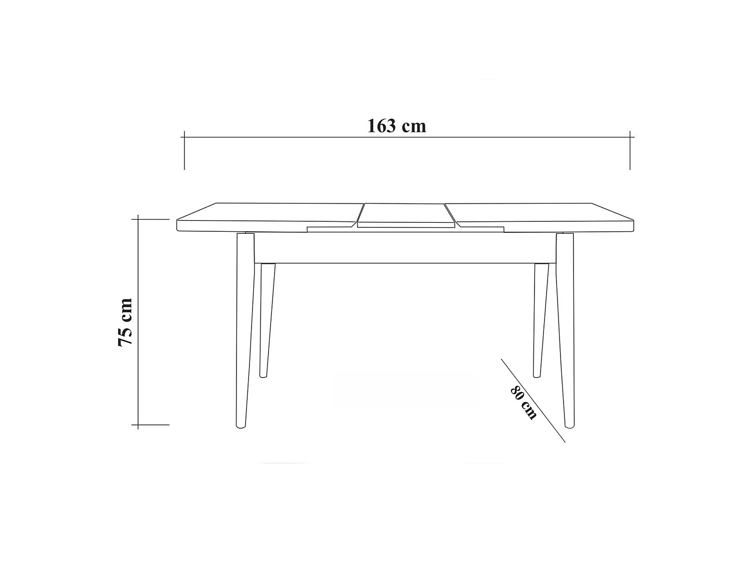 Table à manger avec option pour ouvrir, les jambes en bois. Tableau fermé 129 x 75 x 80 cm. Tableau ouvert 163 x 75 x 80 cm.
